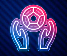 Glowing neon line Soccer football ball icon isolated on blue background. Sport equipment. Vector