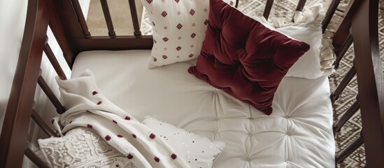 Baby crib with white and Burgundy pillows and starry blanket from above. - obrazy, fototapety, plakaty