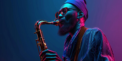 A saxophonist in traditional ethnic attire plays soulfully under a purple light casting a mystical aura