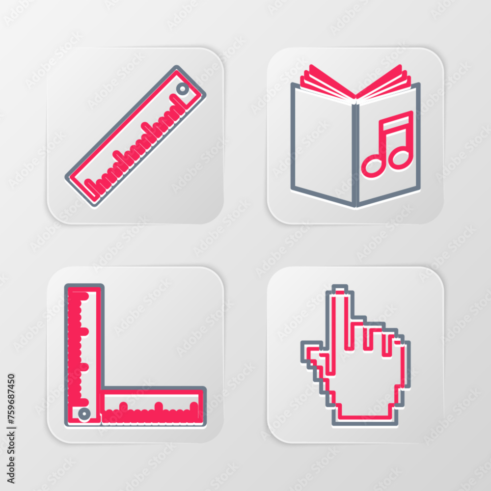 Poster Set line Pixel hand cursor, Folding ruler, Audio book and Ruler icon. Vector