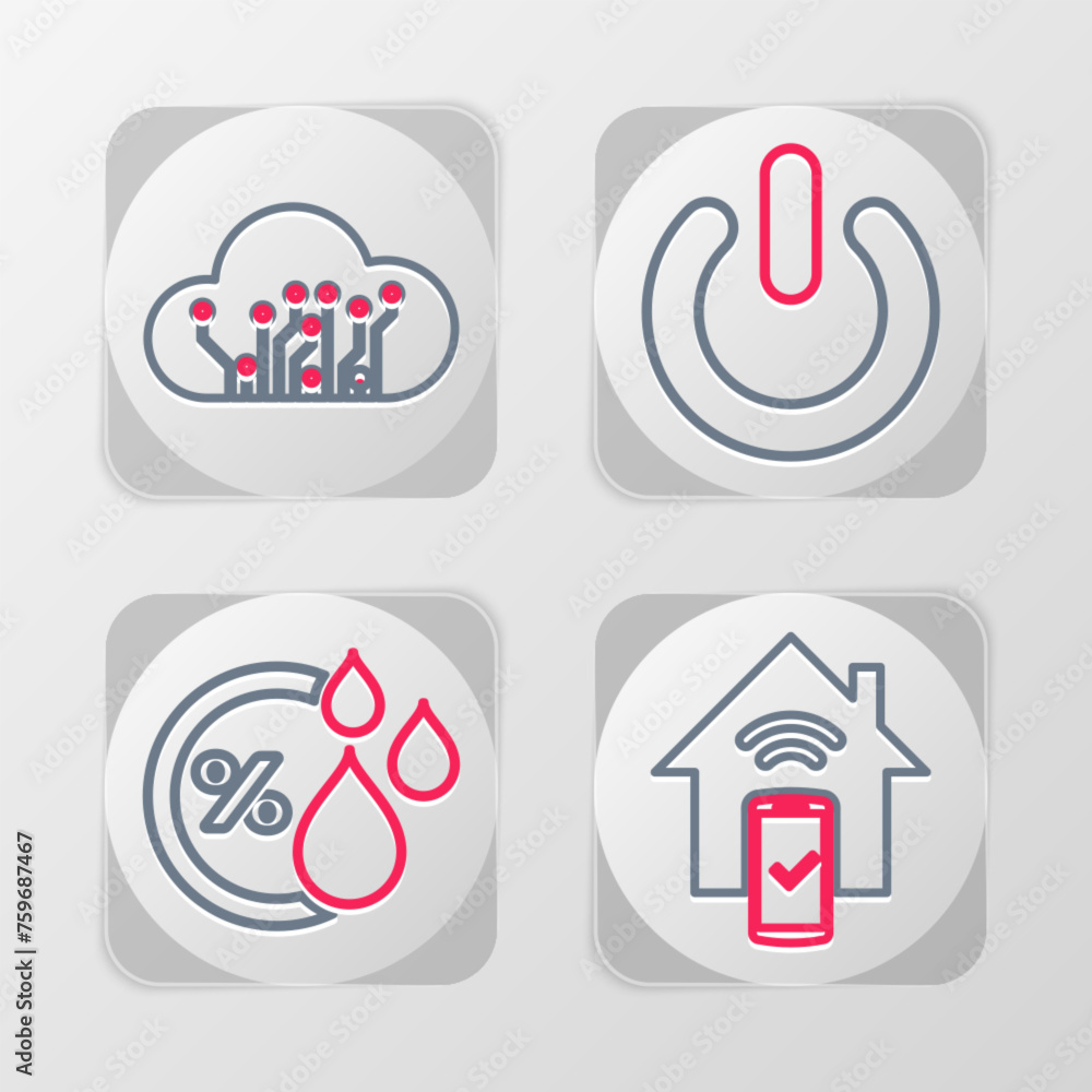 Poster set line smart home remote control system, humidity, power button and internet of things icon. vecto