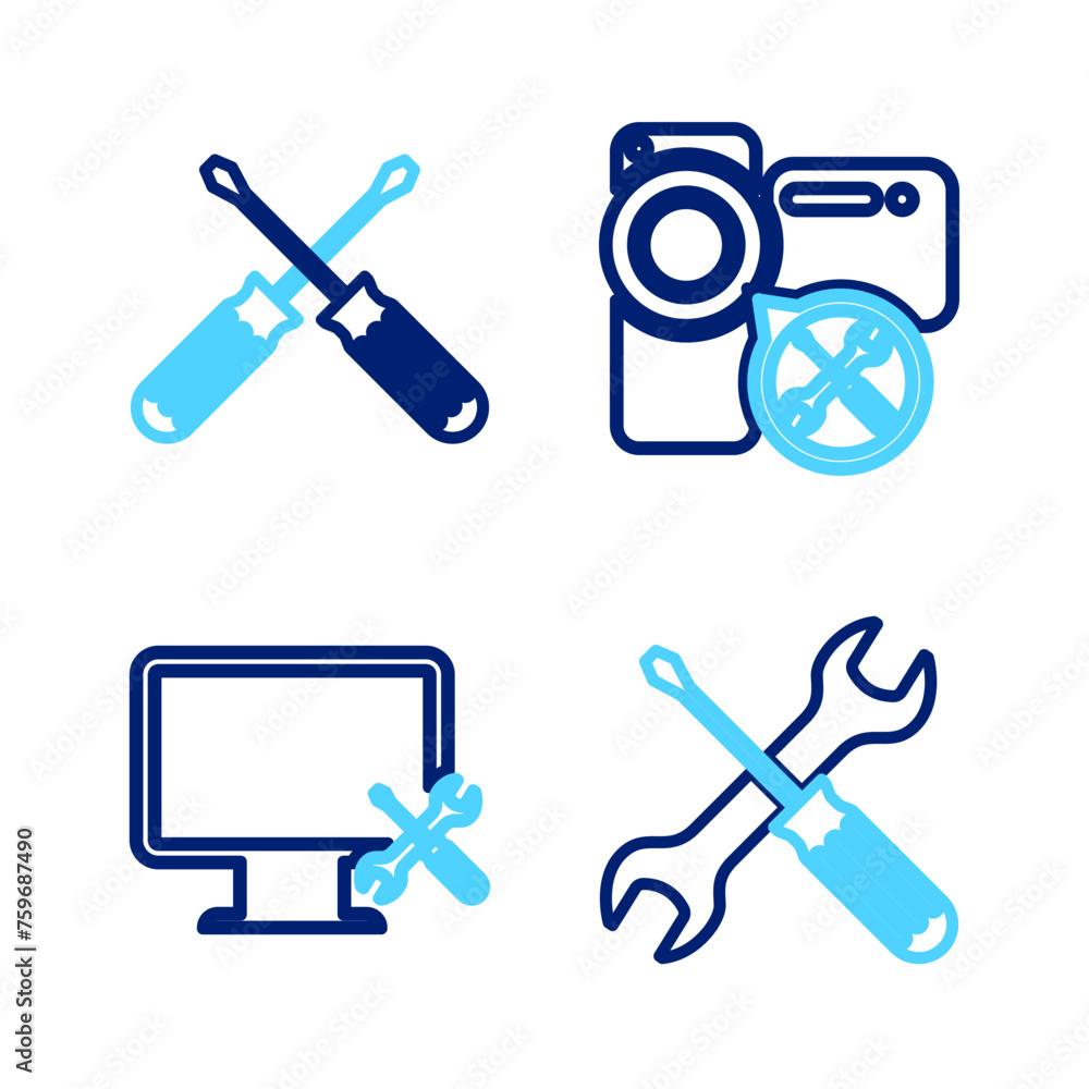 Sticker set line crossed screwdriver and wrench, computer monitor service, video camera and screwdrivers ico