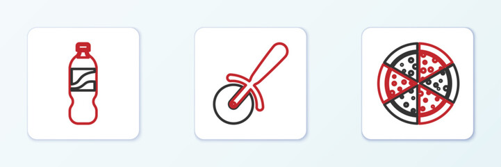 Set line Pizza, Bottle of water and knife icon. Vector
