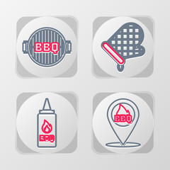 Set line Location with barbecue, Ketchup bottle, Oven glove and Barbecue grill icon. Vector