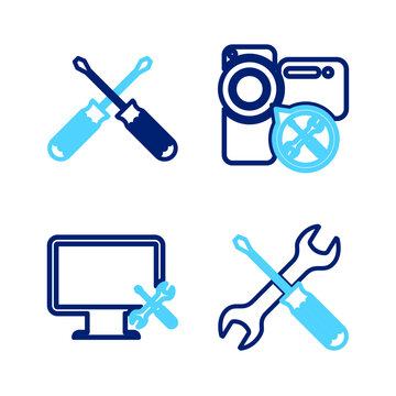 Set line Crossed screwdriver and wrench, Computer monitor service, Video camera and screwdrivers icon. Vector