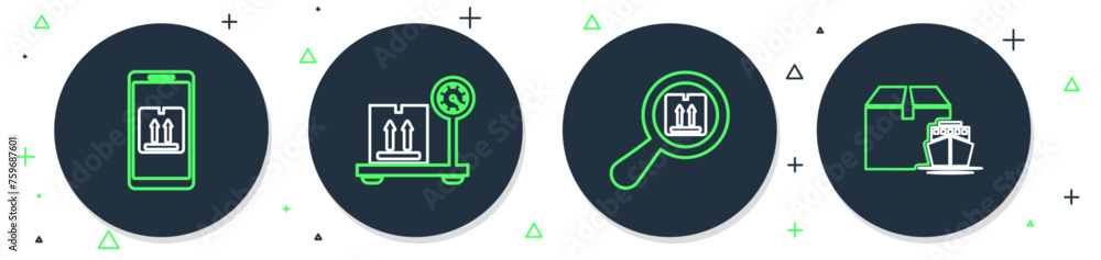 Poster set line scale with cardboard box, search package, mobile app tracking and cargo ship boxes icon. ve