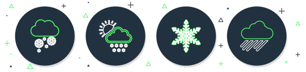 Set line Cloud with snow and sun, Snowflake, and rain icon. Vector