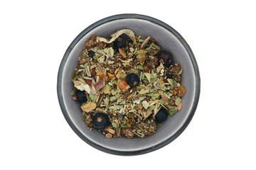 Incense blend of frankincense (olibanum), myrtle, juniper, amber, camphor and rosemary in a ceramic...