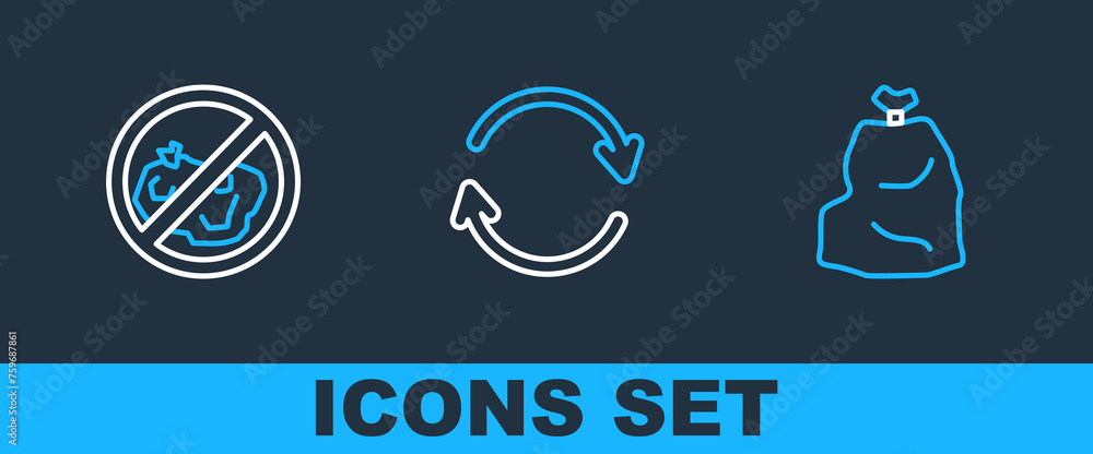 Poster set line garbage bag, no trash and refresh icon. vector