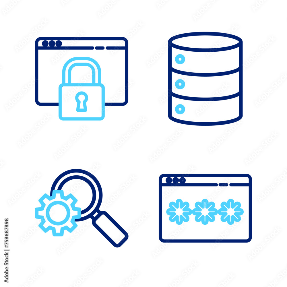 Poster set line password protection, magnifying glass and gear, server, data, web hosting and secure your s