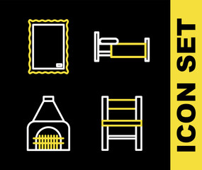 Set line Bed, Chair, Interior fireplace and Picture icon. Vector