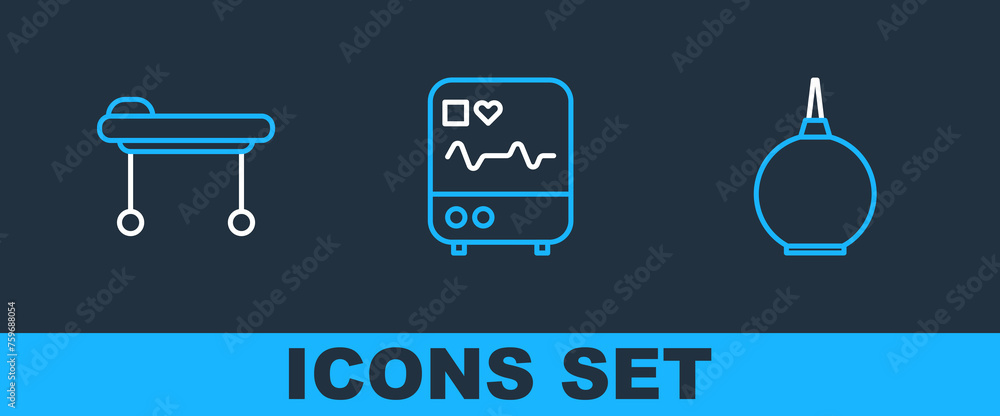 Sticker Set line Enema, Stretcher and Monitor with cardiogram icon. Vector