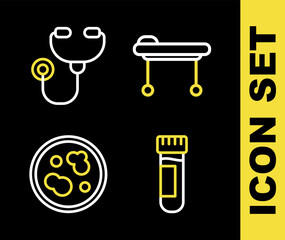 Set line Stretcher, Test tube with blood, Petri dish bacteria and Stethoscope icon. Vector