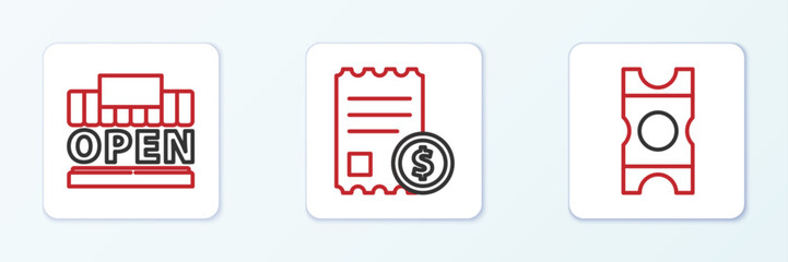 Set line Coupon, Shopping building and open and Paper check financial check icon. Vector