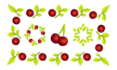 Natural frame with red cherry berry fruits and leaves. Green wreath template. Natural design.