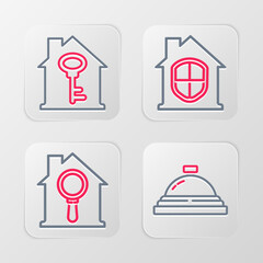 Set line Hotel service bell, Search house, House under protection and with key icon. Vector