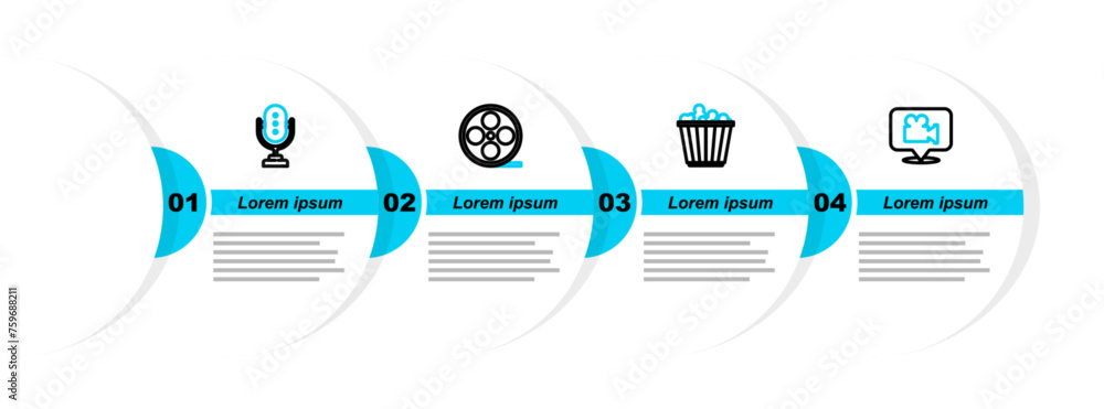 Poster set line camera and location, popcorn in box, film reel and microphone icon. vector