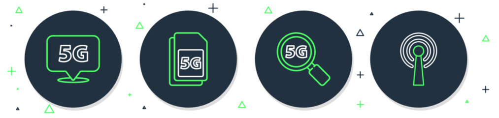 Set line 5G Sim Card, Search network, Location and Antenna icon. Vector