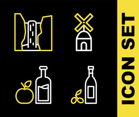 Set line Windmill, Bottle of olive oil, Apple cider bottle and Algar waterfall icon. Vector