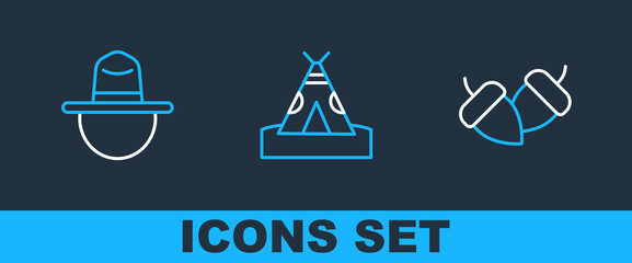Set line Acorn, Canadian ranger hat and Indian teepee wigwam icon. Vector © vector_v