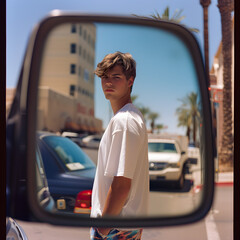 Young Man Checking His Outfit in a Car's Side Mirror Generative AI
