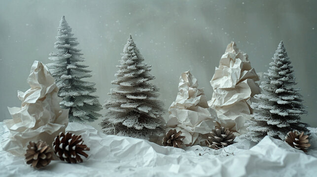 白い雪に染まる冬をイメージした森と自然のミニチュアと松ぼっくり