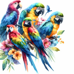 Watercolor colorful parrots,