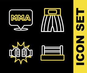Set line Boxing short, ring, Punch boxing gloves and Fight club MMA icon. Vector