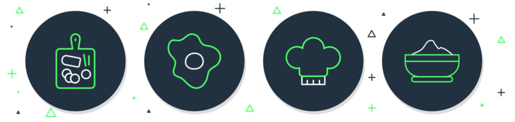 Set line Scrambled eggs, Chef hat, Cutting board and Flour bowl icon. Vector