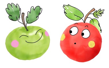 Funny cute cartoon fruit characters. Watercolor and pencil graphic kids illustration of two adorable talking apples. Red and green. Summer happiness. Harvest motives.