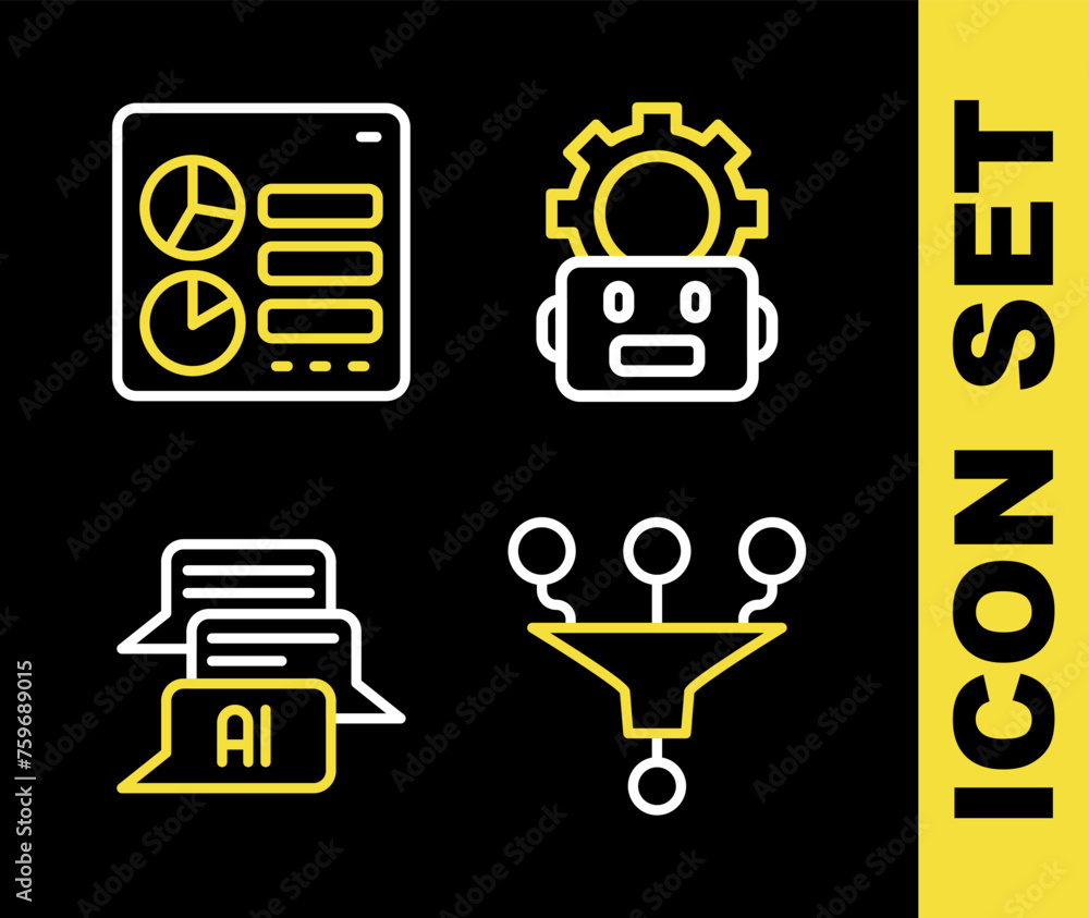 Poster Set line Robot setting, Funnel or filter, Chat and Computer api interface icon. Vector