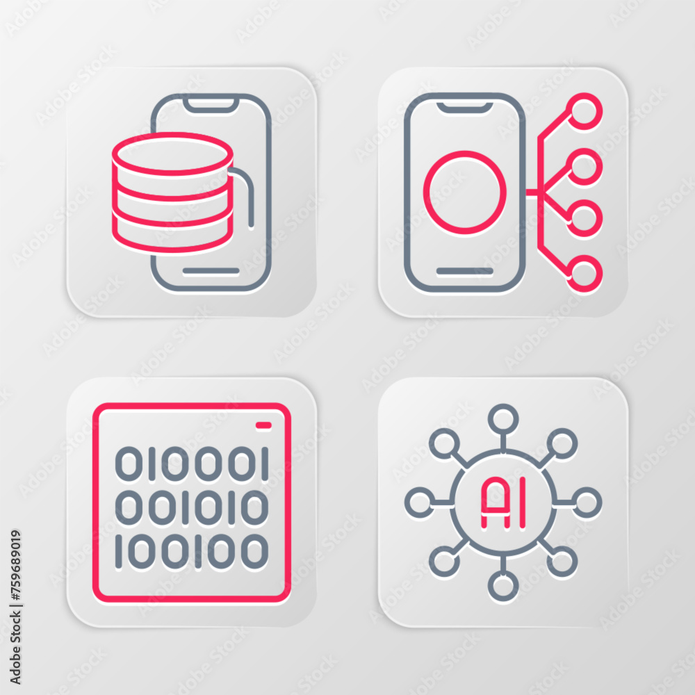 Poster set line neural network, binary code, and cloud technology data transfer icon. vector