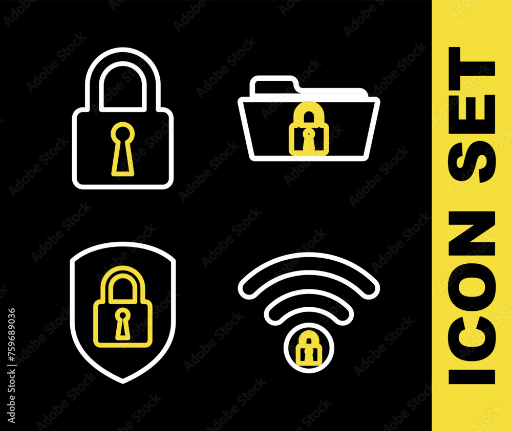 Poster set line folder and lock, wifi locked, shield security with and lock icon. vector