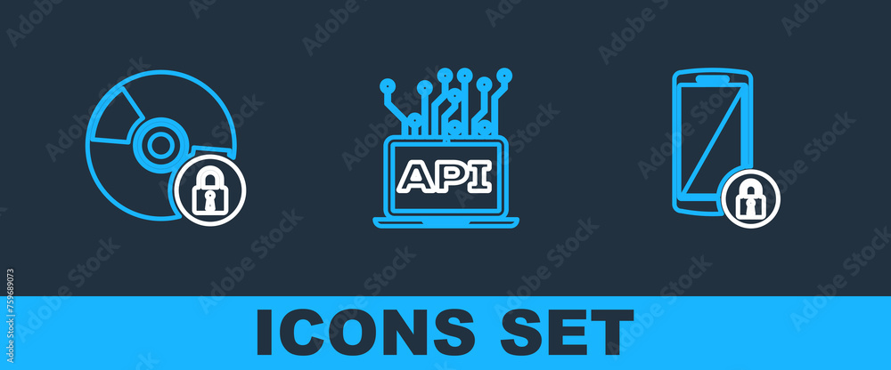 Poster set line smartphone with lock, cd or dvd disk and computer api interface icon. vector