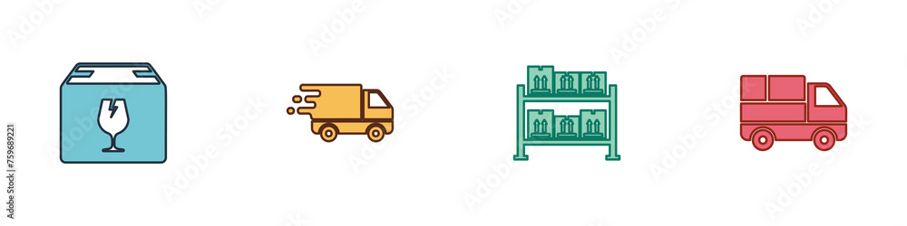 Poster set delivery box with fragile content, truck in movement, warehouse and boxes icon. vector
