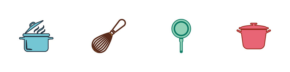 Set Cooking pot, Kitchen whisk, Frying pan and icon. Vector