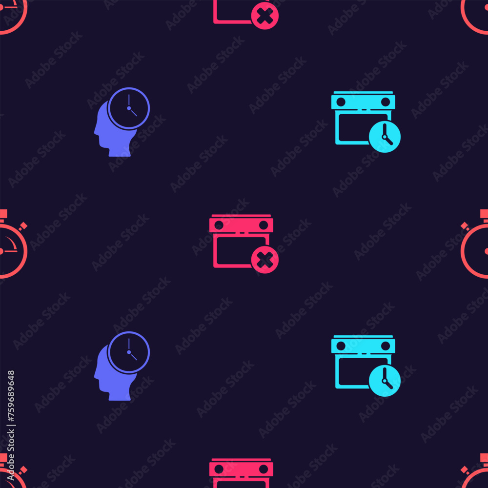 Poster set calendar and clock, time management, date delete and stopwatch on seamless pattern. vector