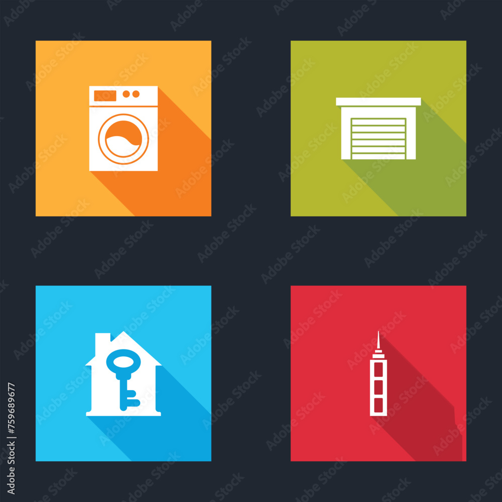 Poster Set Washer, Garage, House with key and Skyscraper icon. Vector