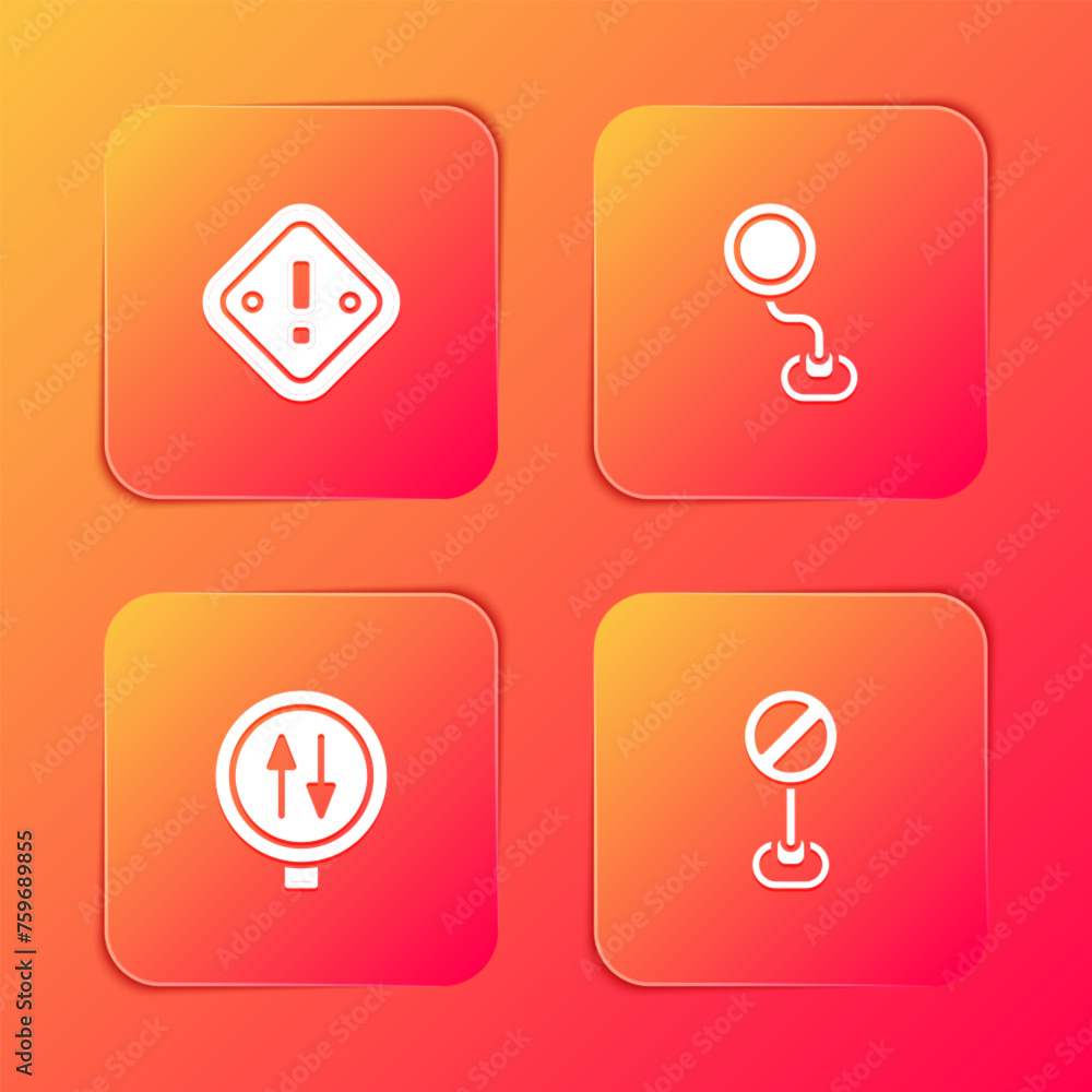 Poster set exclamation mark in triangle, road traffic sign, warning two way and stop icon. vector