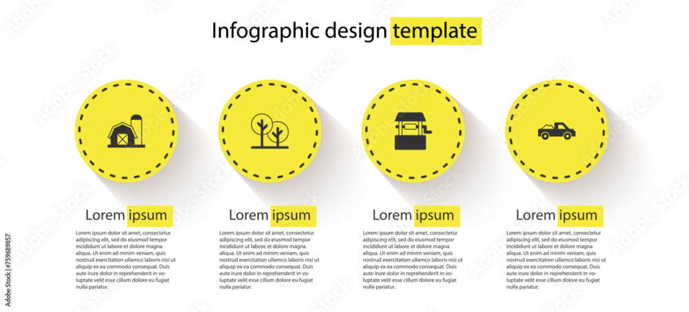 Sticker Set Farm house, Tree, Well and Pickup truck. Business infographic template. Vector