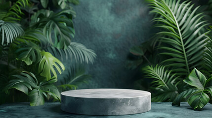 Cosmetics product advertising podium stand with tropical leaves background. Empty natural stone pedestal platform to display beauty product. Mockup