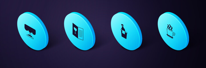 Set Isometric Coffee cup, Champagne in an ice bucket, Restaurant cafe menu and Wooden table icon. Vector