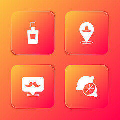 Set Tequila bottle, Mexican sombrero, Mustache and Lime icon. Vector