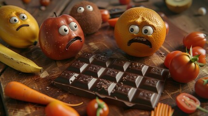 Cartoon figure of an apple, orange and tomato staring in shock against a background of fruits on dark chocolate, Generative AI.