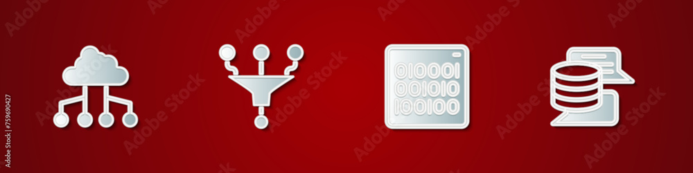  set network cloud connection, funnel filter, binary code and server, data icon. vector