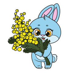 Cute cartoon bunny holding a large bouquet of mimosa flowers in paws color variation on white background