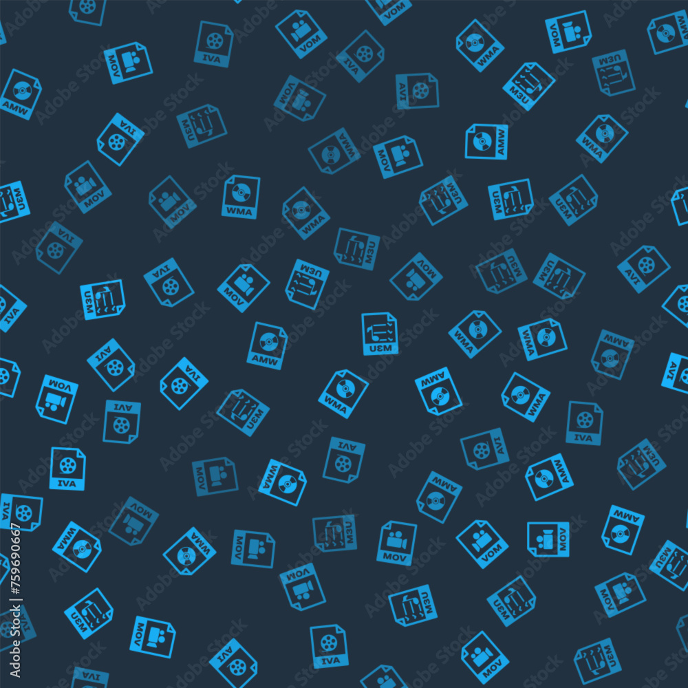 Poster set mov file document, wma, m3u and avi on seamless pattern. vector