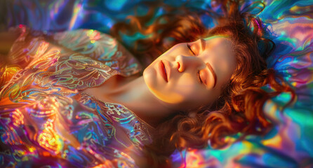 A beautiful woman floating in colourful silk surrounded in the style of neon lights
