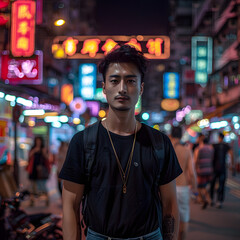 Fototapeta premium Picture of an Asian Man in the Nightlife of an Asian Metropolis Generative AI 