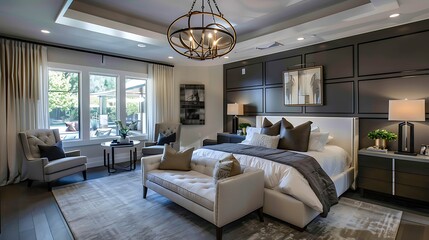Modern style large bedroom with a statement pendant light fixture and a seating area with a loveseat and a pair of accent chairs